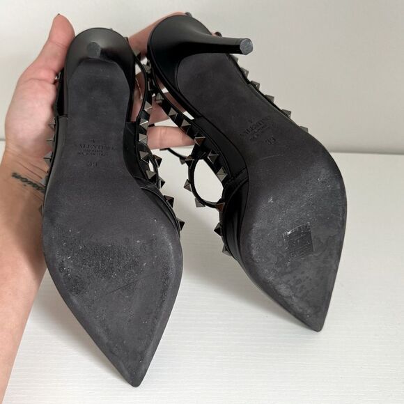 ⭕️ VALENTINO Sandals Heels Black Leather Rockstud Ankle Strap 39 - Picture 4 of 11